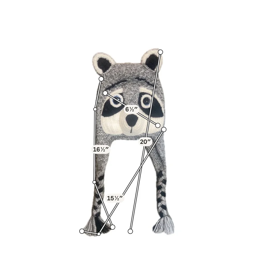 Kids Grey Jimothy Raccoon Hand Knit Animal Beanie Earflap Hat  Braided Tassels